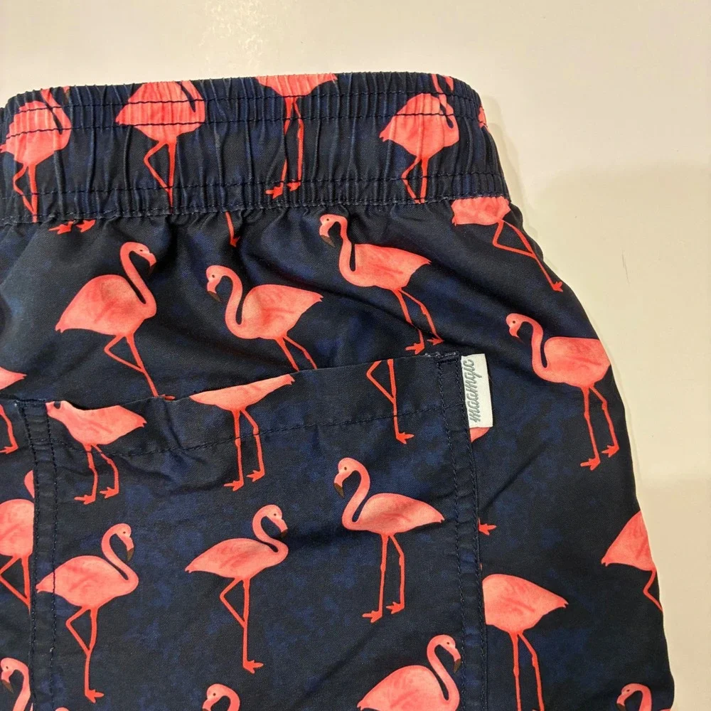 Maamgic Mens Flamingo Print Swim Trunks Navy Blue Pink Mesh Lined Shorts Small‎